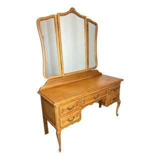 Vintage French Louis Style Oak Dressing Table with Mirror For Sale
