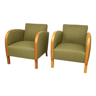 1940s Vintage Green Art Deco Swedish Club Chairs- A Pair For Sale