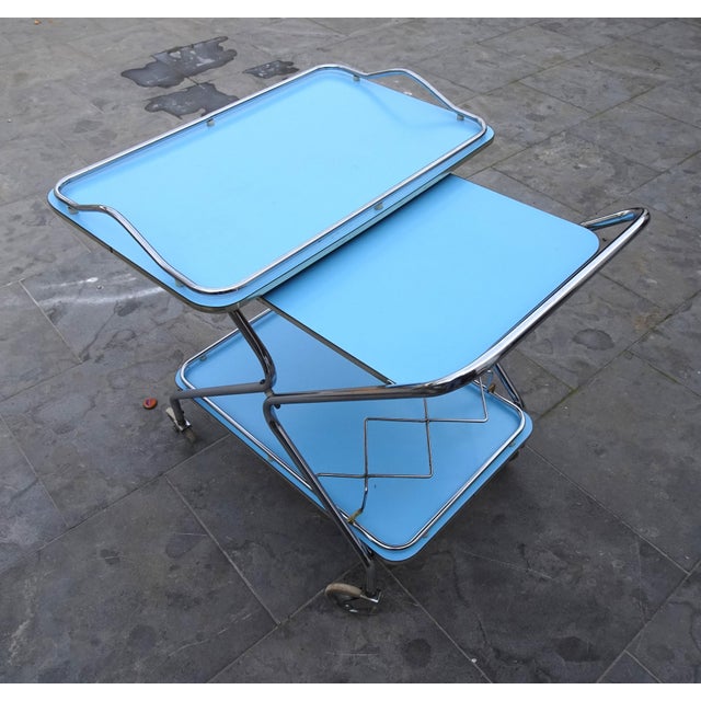 1950s Bleu Formica and Chrome Plated Trolley with Removable Serving Tray from Torck, 1950s For Sale - Image 5 of 12