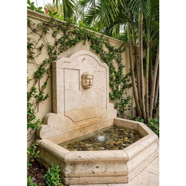 Alabaster Vintage Neoclassical Cast Stone Wall Fountain With Carved Bacchus Spout For Sale - Image 8 of 9