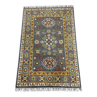 Slate Gray Kazak Style Rug With Floral Medallions and Blue Border, 3'3" X 4'9" For Sale