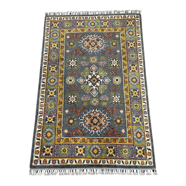 Slate Gray Kazak Style Rug With Floral Medallions and Blue Border, 3'3" X 4'9" For Sale