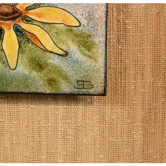 1970s Mid Century Modern Enamel on Copper Flower Framed Plaque Signed For Sale - Image 5 of 12