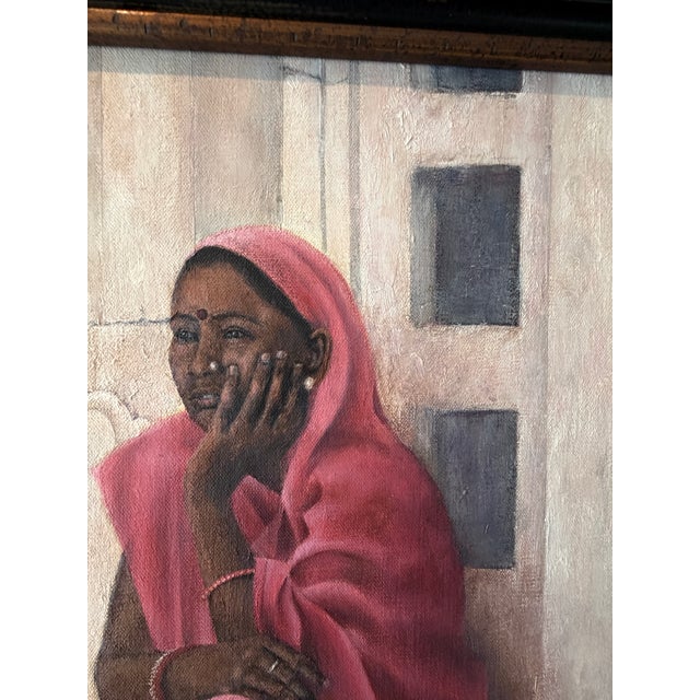 Figurative Contemporary Signed Original Oil on Canvas | Indian Woman in Pink Sari by David C. Fisher 2015 For Sale - Image 3 of 6