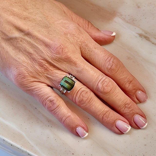2010s Natural Tourmaline Sapphire Ring 7 14k W Gold 8.7 TCW Certified For Sale - Image 5 of 14