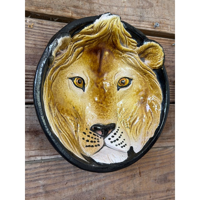 Black Vintage Italian Glazed Terracotta Lion Wall Plate | Sculptural Ceramic Wall Art For Sale - Image 8 of 11