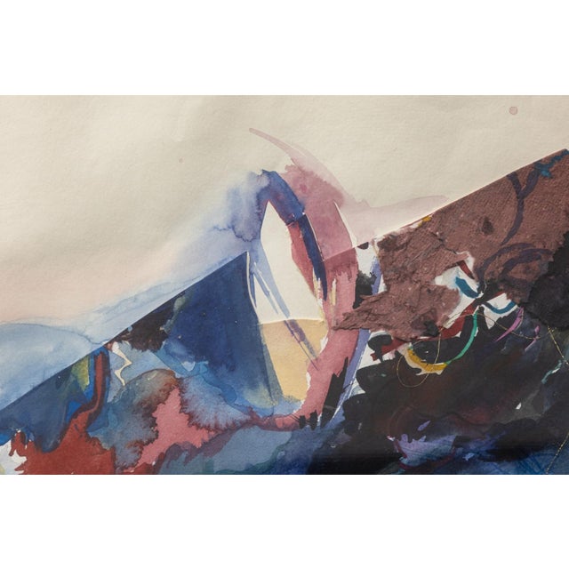 A modern watercolor collage on paper by Michigan artist Fran Levin. Circa 1980s. Hand signed in pencil on the lower right....