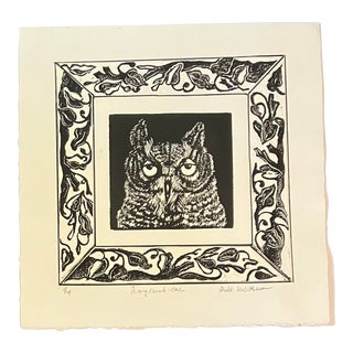 1980’s Original Block Print “ Longeared Owl” Signed 1/4 For Sale