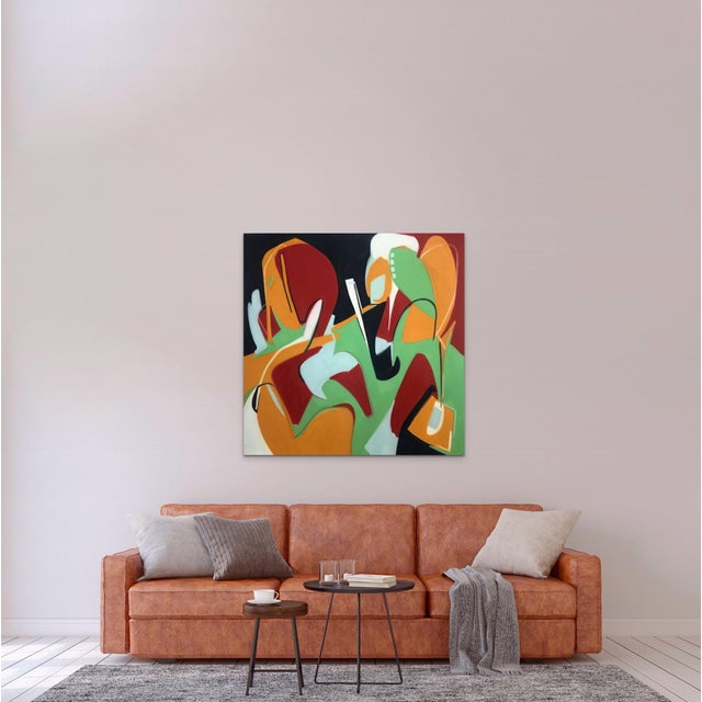The artwork presents a vibrant interplay of bold colors and dynamic shapes, merging forms that evoke a sense of movement...