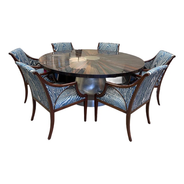 Macassar Ebony Wood Table With Sunburst Veneer & 8 Silk Upholstered Chairs For Sale