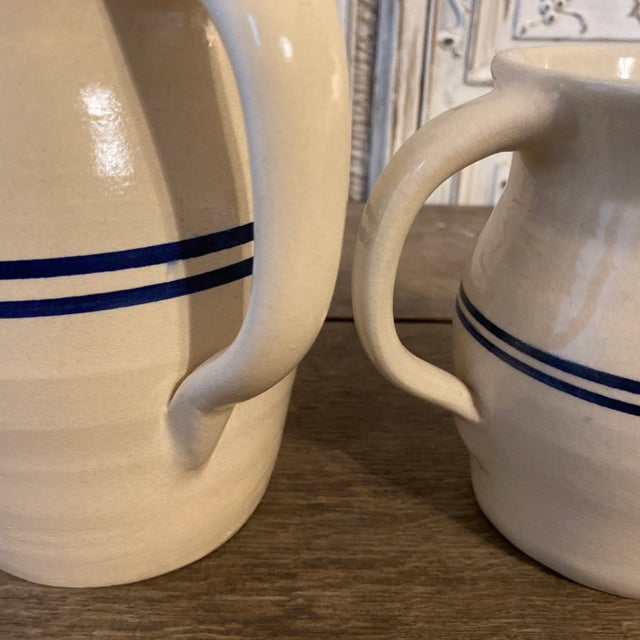 Vintage Signed Marshall Pottery Stoneware Pitchers With Double Cobalt Stripes-Set of 2 For Sale - Image 11 of 12