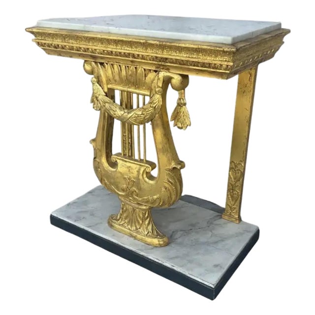 Swedish Gustavian Giltwood Console Table With Lyre and Marble Top For Sale