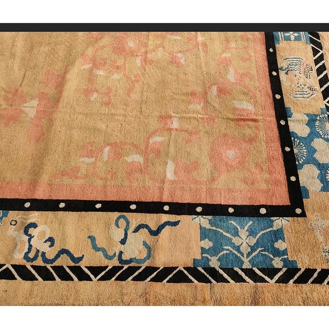 1890s Antique Warm Solid Open Field Bird Chinese Peking Knotted Room Size Rug For Sale - Image 4 of 9