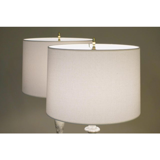 1960s Large Matched Pair Neo Classic Hollywood Regency Modern Carrara Marble Tuscan Column Style Table Lamps For Sale - Image 9 of 11