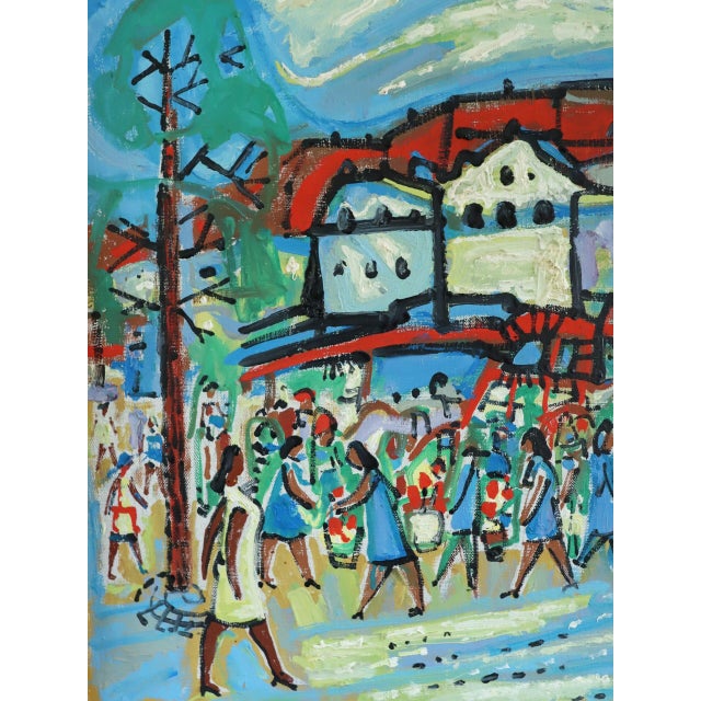 Blue 1965 Mid-Century Modern 'The Joyful Passage' Vintage Original Swedish Street Scene Oil Painting, Framed For Sale - Image 8 of 13