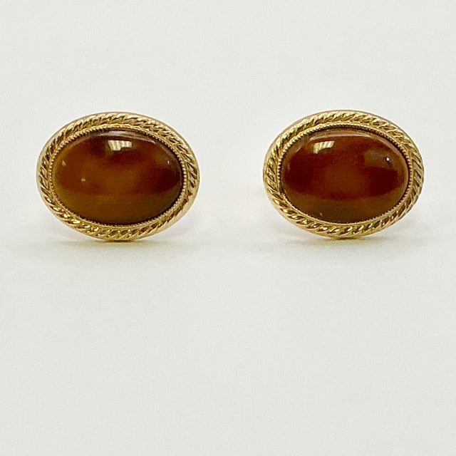 Mid-Century Modern 1970s Mid-Century Hollywood Regency Boho Chic Gold Tone Oval Brown Cufflinks - A Pair For Sale - Image 3 of 8