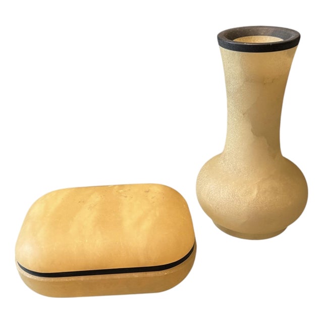 Mid Century Italian Golden Alabaster Box and Vase Set For Sale