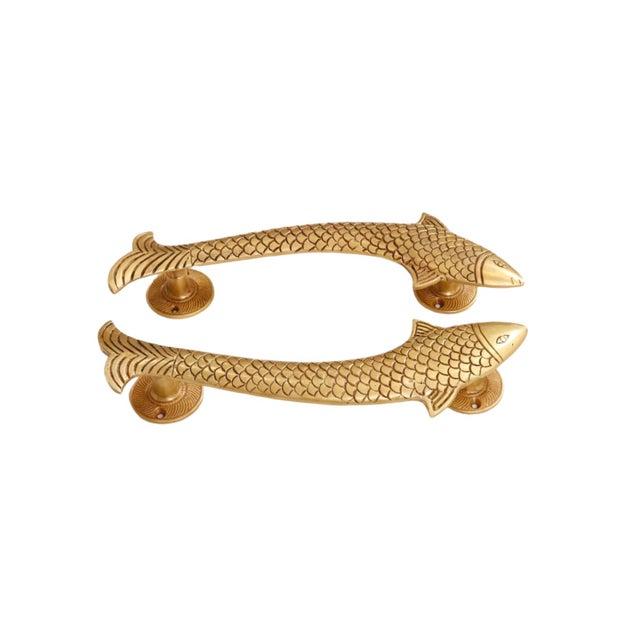 Rustic Gold Brass Fish Door Handles, a Pair For Sale - Image 3 of 4