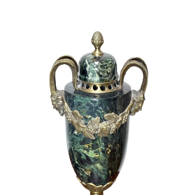 Late 19th Century Pair of Green Marble and Ormolu Urns or Cassolettes With Satyr Heads in Louis XVI Style For Sale - Image 5 of 15