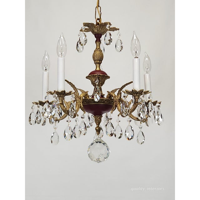 Antique 5 Arm Petite Oxblood Empire Brass Cut Lead Glass Crystal Chandelier For Sale - Image 10 of 18