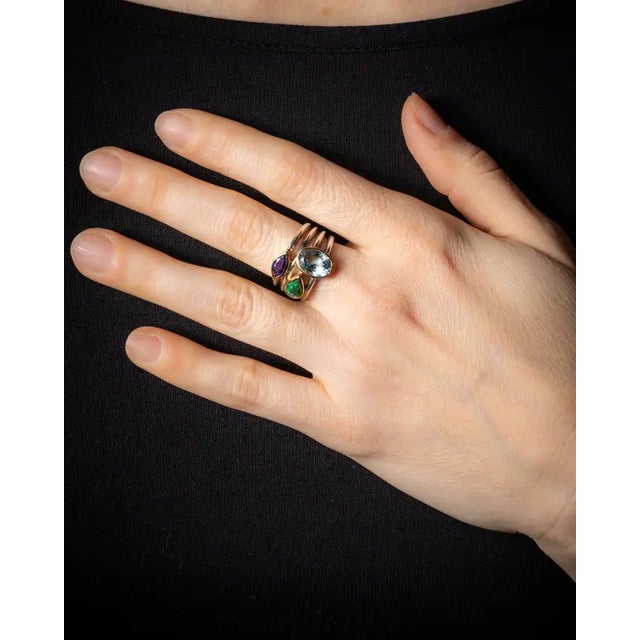 1990s 18k Gold and Sterling Cluster Ring With Aquamarine, Amethyst & Green Tourmaline For Sale - Image 5 of 5