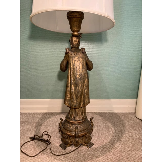 Vintage Figural Brass Lamp With Drum Shade For Sale In Los Angeles - Image 6 of 12