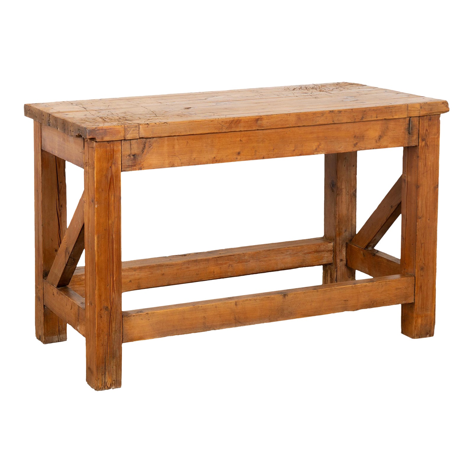 Late 19th Century Rustic Pine Work Table Console Island | Chairish