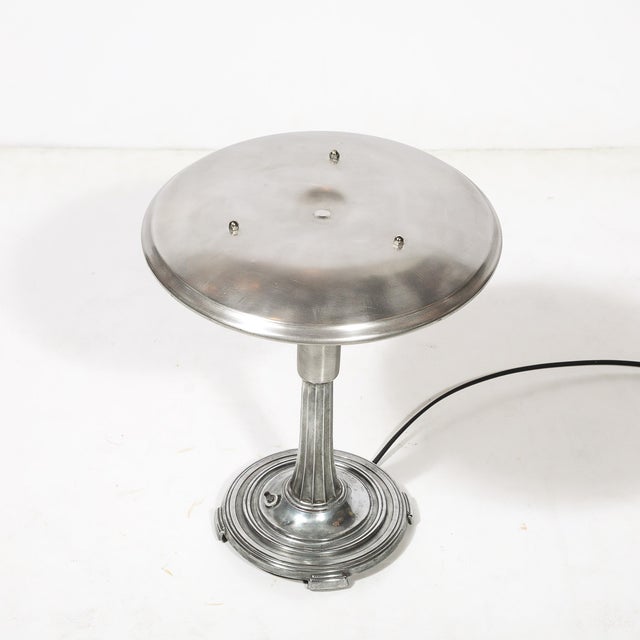 Art Deco Machine Age Saucer Form Polished Aluminum Table Lamp W/ Sculptural Base For Sale - Image 10 of 11