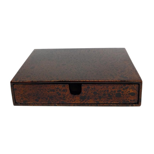 Beautiful Lacquered drawer storage for your desk top. Pull out the drawer and find a nice little s box to hold note paper,...