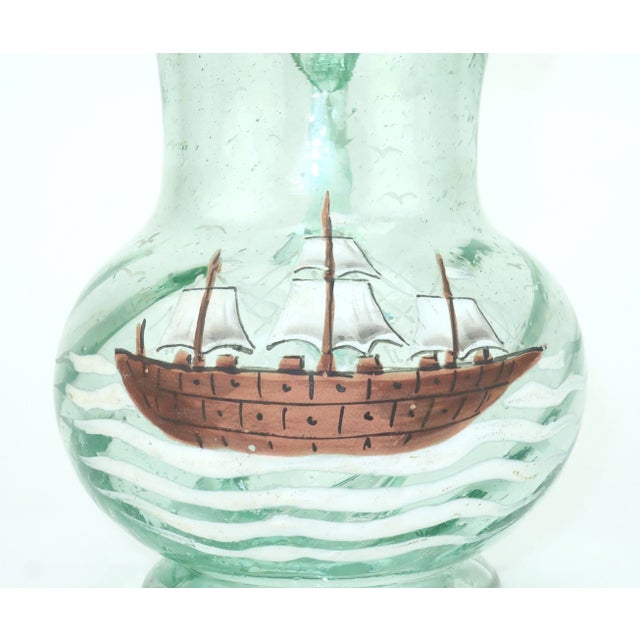 Vintage Hand Blown Glass Bar Pitcher With Painted Ship & Nautical Motif For Sale - Image 4 of 10