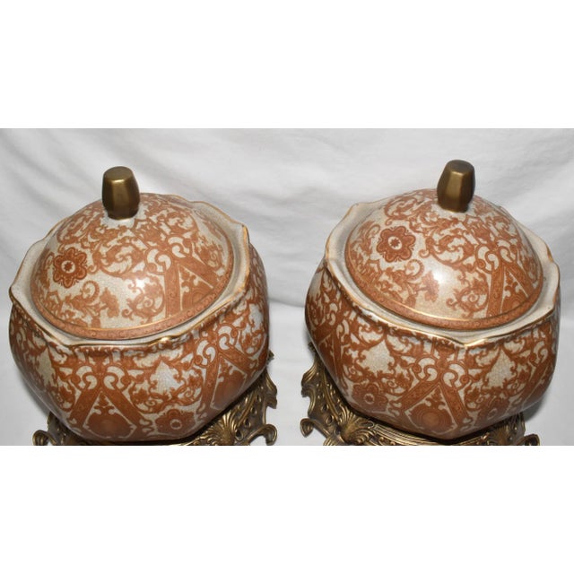 Asian Pair Mid 20th Century Asian Crackle Glaze Porcelain Ginger Jars on Brass Bases Floral Motif For Sale - Image 3 of 11