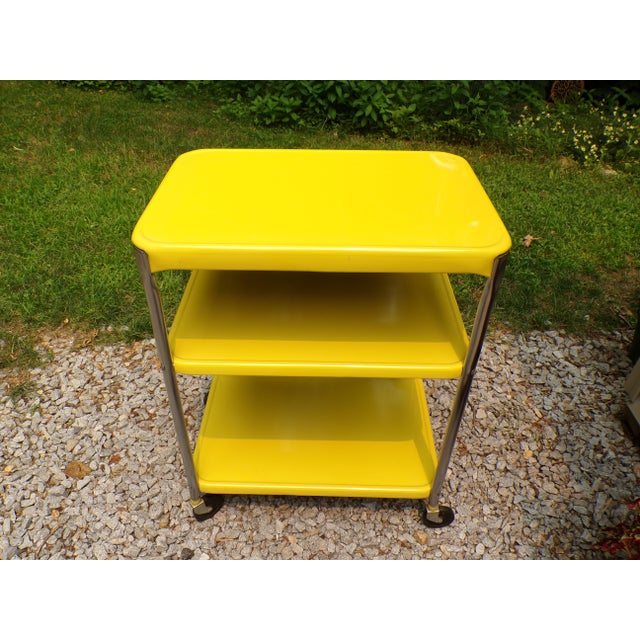 Vintage Industrial Yellow Cosco Chrome Kitchen 3 Shelf Utility Cart with Wheels 1950's 3 tier durable enameled steel...