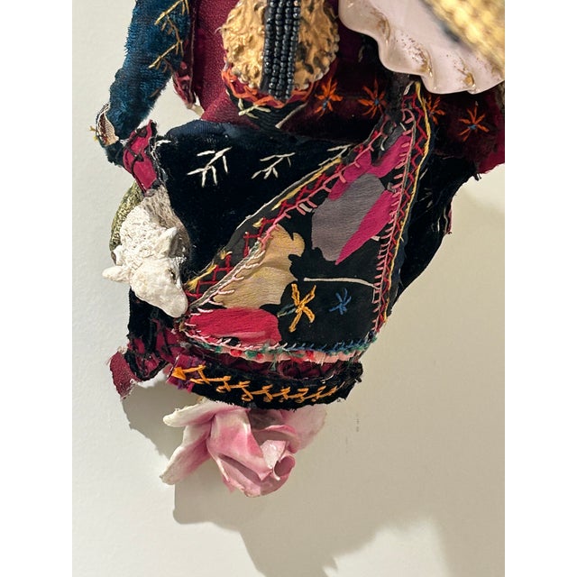 Pink Skull Wall Sculpture With Crazy Quilt and Vintage Media For Sale - Image 8 of 9