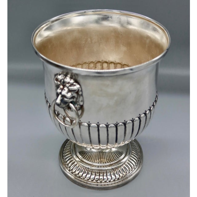 Metal Antique English Silver Plate Champagne Bucket | Lion Mask Ring Handles | Hand Chased | Regency Style | Made in England For Sale - Image 7 of 13