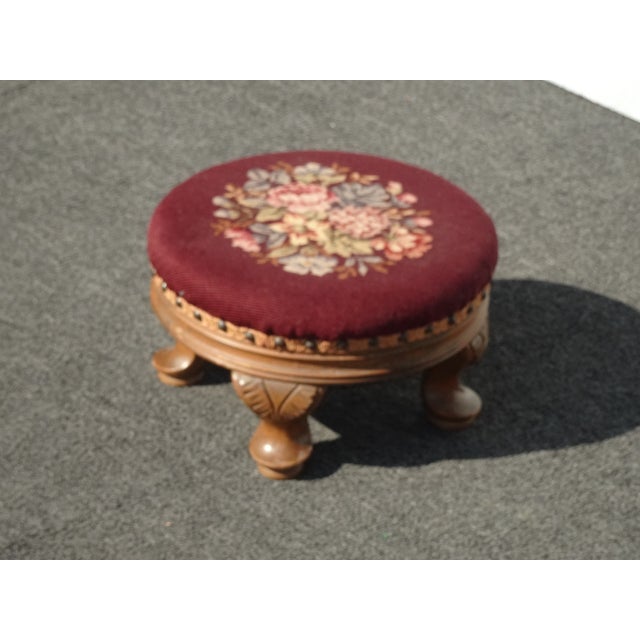 1950s Footstool ~ Vintage French Country Burgundy Floral Round Needlepoint Footstool#2 For Sale - Image 5 of 16