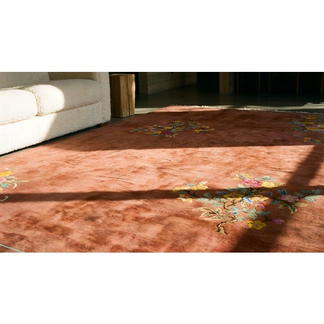 Textile 1920s Orange Persimmon Flower Modern Antique Chinese Art Deco Rug 9'x11' 8" Handknotted Wool Carpet For Sale - Image 7 of 8