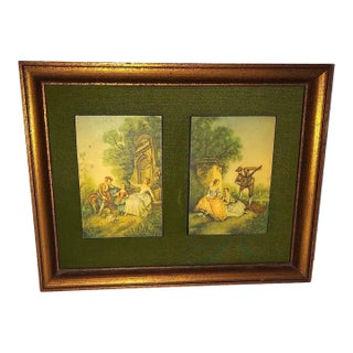 Vintage Hanging Art 2 Prints Green Velvet Florentine Style Gold Framed 10 X 13 Inches For Sale