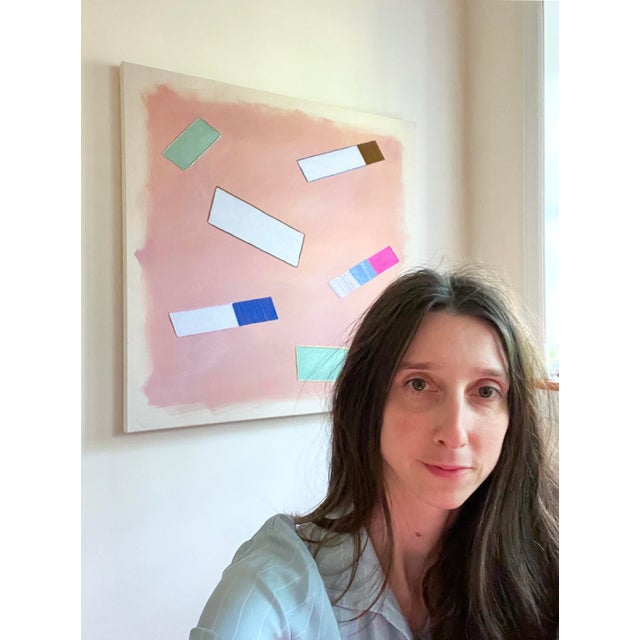 Abstract Acrylic Painting With Embroidery on Raw Canvas Titled Sunset With Sage Confetti by Emily Keating Snyder For Sale - Image 3 of 3