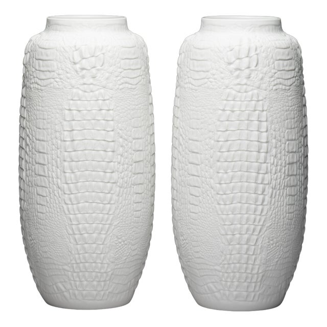 Op-Art Bisque Porcelain Vases with Crocodile Reptile Relief by Manfred Frey for AK Kaiser, 1960s, Set of 2 For Sale