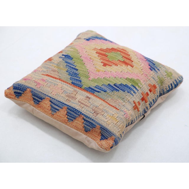 Tribal Arteverk Handwoven Afghan Kilim Pillow — Beige & Pink Diamond Medallion For Sale - Image 3 of 3