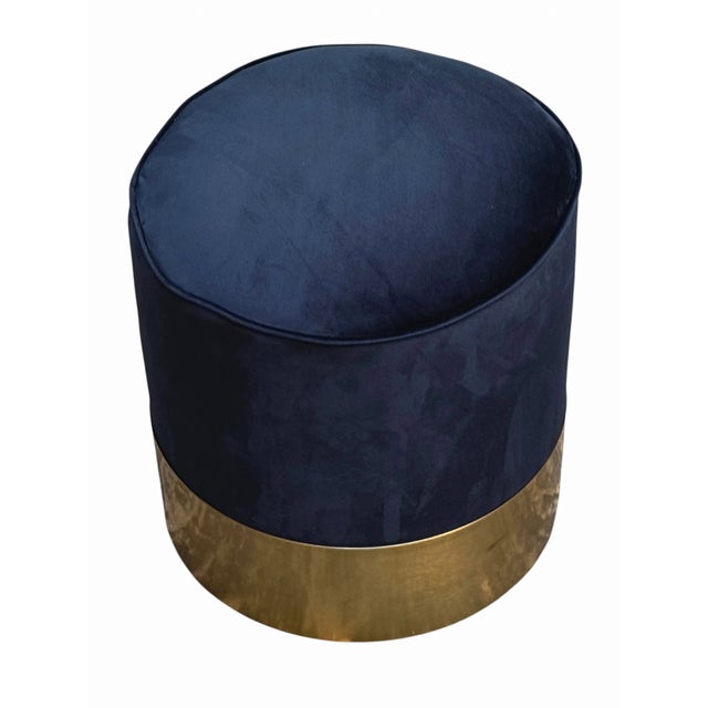Luigi Caccia Dominioni Brass and Blue Velvet Cylindrical Stool in the style of Luigi Caccia Dominioni, Italy, 1970s For Sale - Image 4 of 7