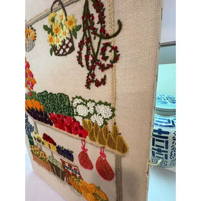 Textile Vintage Nancy Meyers Style Crewel Embroidered Farmers Garden Market Still Life Wall Art For Sale - Image 7 of 14
