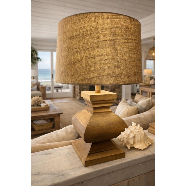 Chunky Wooden French Baluster Style Table Lamp With Burlap Drum Shade for Coastal, Rustic Farmhouse, Rustic European, Lodge & Ranch Decor For Sale - Image 4 of 9