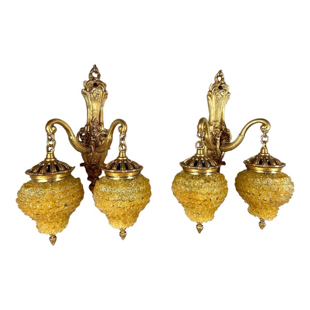 1980s French Louis XVI Gold Bronze Crystal Wall Lamps/ Sconces -Pair For Sale