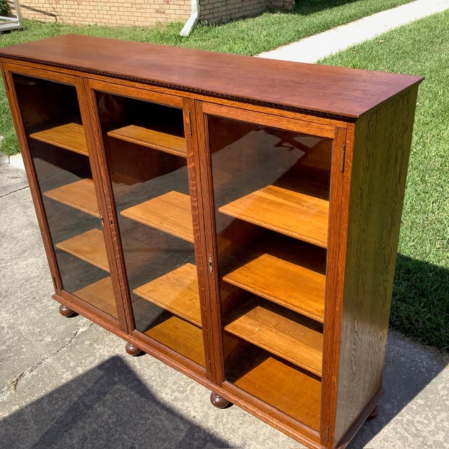 Antique Triple Oak Bookcase For Sale - Image 9 of 9