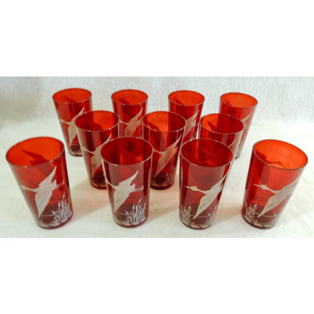 Eleven beautiful vintage mid century Hazel-Atlas ruby red hunting bird glasses. Made in the USA - Circa 1950's.