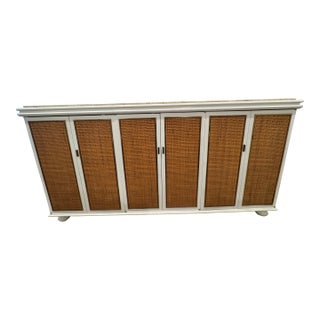 Mid Century Modern Marble and Wicker Credenza For Sale