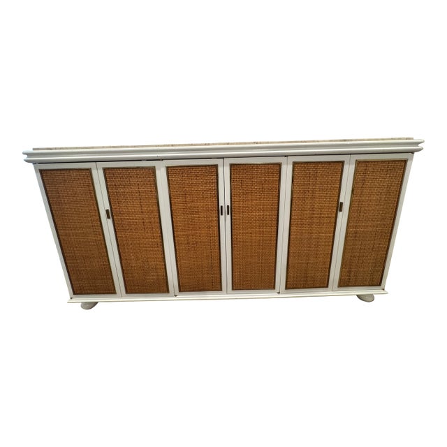 Mid Century Modern Marble and Wicker Credenza For Sale