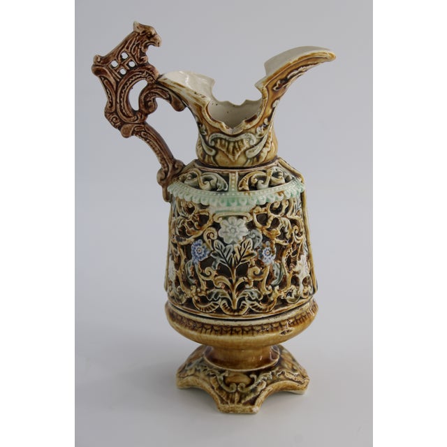 Antique Staffordshire Majolica Griffon Handle Ewer Reticulated Pitcher, England For Sale - Image 4 of 6
