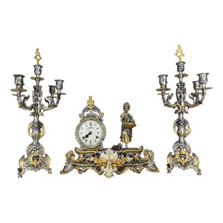 Lancini Imperial Ormolu Gilt Brass Mantle Clock with Candelabras, Set of 3 For Sale